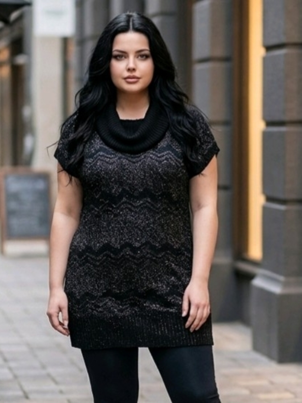 Derek Heart Plus Black and Silver Metallic Zigzag Knit Cowl-Neck Dress 2X